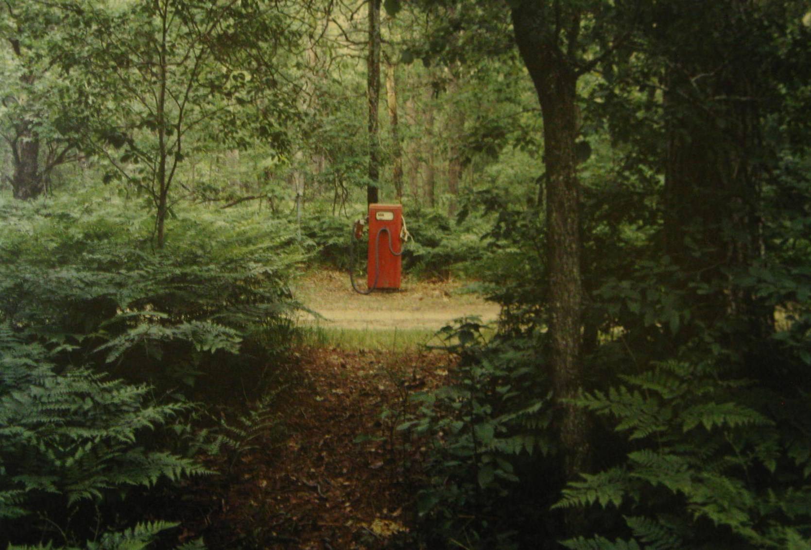 Photograph of a red gas pump surrounded by trees.